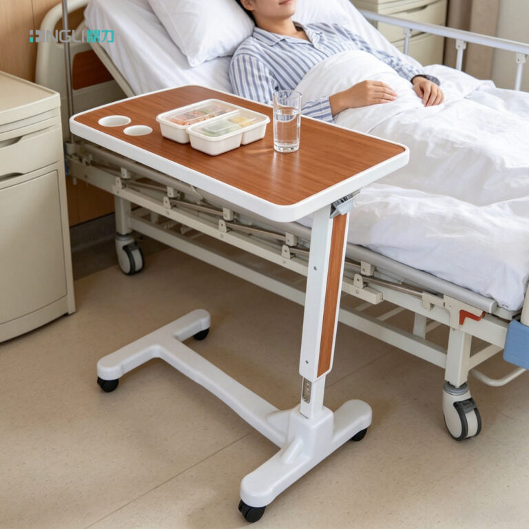 Premium Hydraulic Overbed Table with Wood-Grain ABS Desktop & Steel Frame