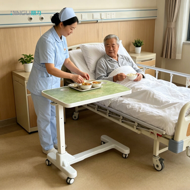 Premium Hydraulic Overbed Table with Calming Blue ABS Desktop & Optimized B2B Packaging