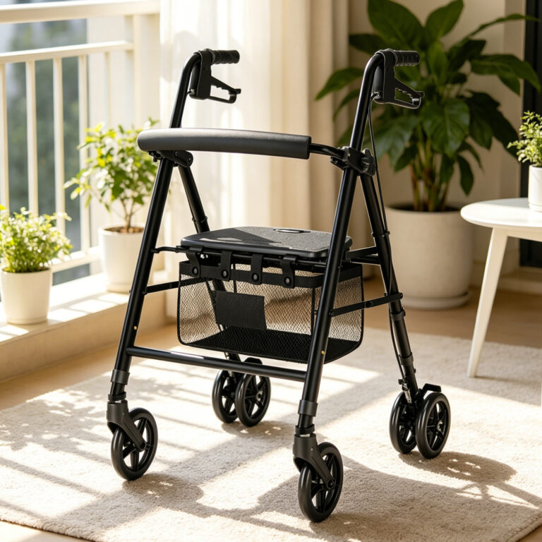 Premium Matte Black Aluminum 6-Wheel Rollator Walker with Dual Rear Casters